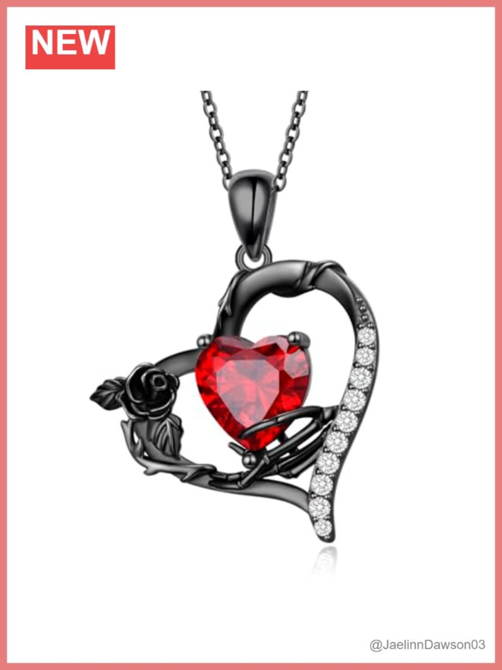 925 Sterling Silver Skeleton Hand Necklace Ruby Heart Gothic